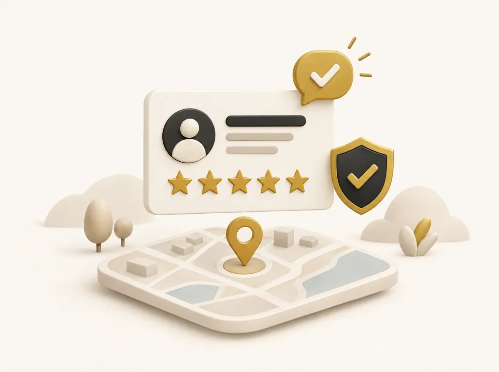 Google Business Profile card with five gold stars, a shield and a map pin