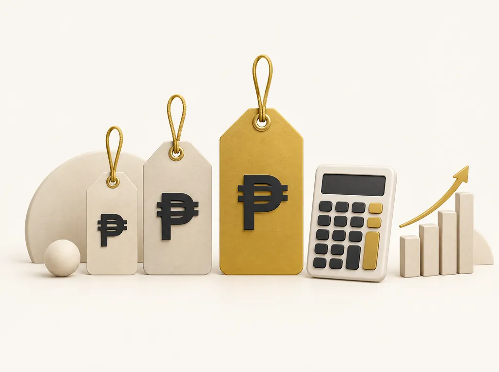 Price tags in pesos next to a rising ranking chart and a calculator